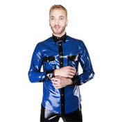 Long sleeve latex shirt, snap button closure, contrast accents, rubber dress shirt, premium fetishwear.