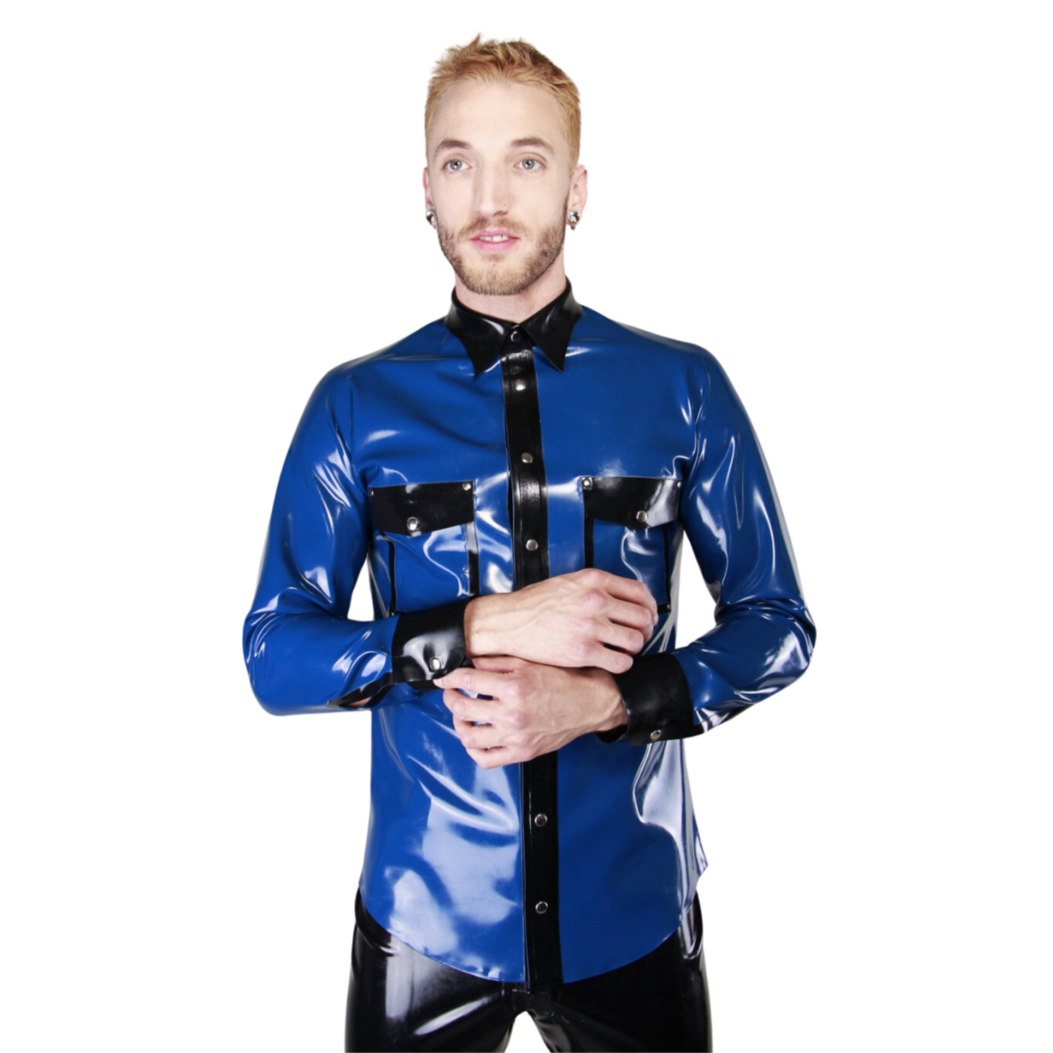 Long sleeve latex shirt, snap button closure, contrast accents, rubber dress shirt, premium fetishwear.