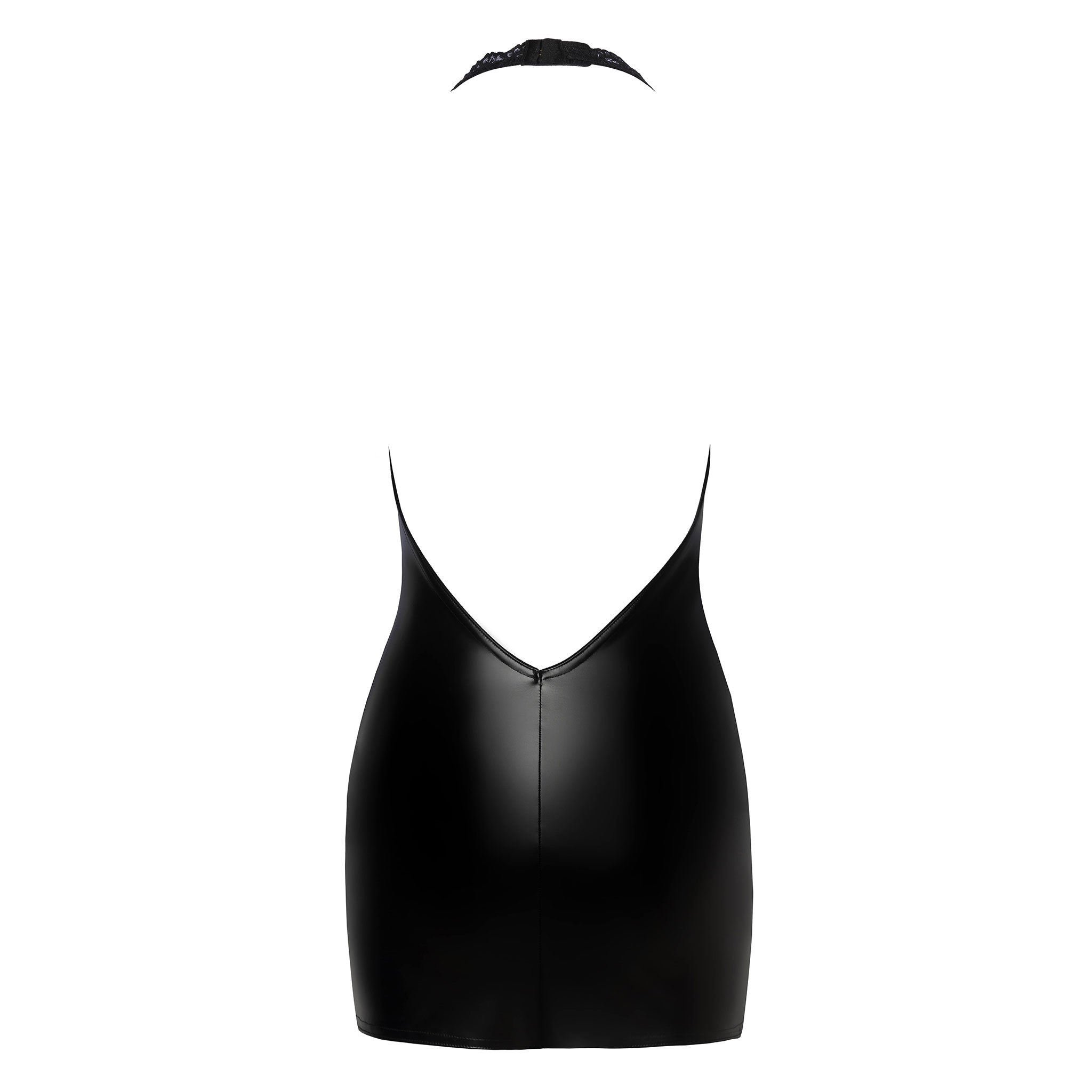 Polyamide elastane polyester wetlook polymer-coating dress mini mini-dress minidress lace lacy lace-trim front-zip half-zip zipper V-neck deep decollete halter neck halter-neck halterneck open-back sleeveless fetish fashion stretchy party sexy seductive black