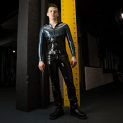 Latex rubber pants trousers trouser jeans pockets zipper zip fly low-rise snap-button push-button snap push button doorbitchproof black