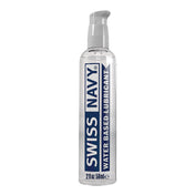 Swiss Navy Water-Based Lube bottle featuring a sleek pump design, providing smooth and long-lasting lubrication for intimate moments, compatible with all types of toys and safe for daily use.