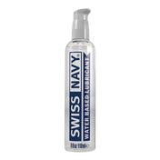 Swiss Navy Water-Based Lube bottle featuring a sleek pump design, providing smooth and long-lasting lubrication for intimate moments, compatible with all types of toys and safe for daily use.