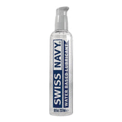 Swiss Navy Water-Based Lube bottle featuring a sleek pump design, providing smooth and long-lasting lubrication for intimate moments, compatible with all types of toys and safe for daily use.