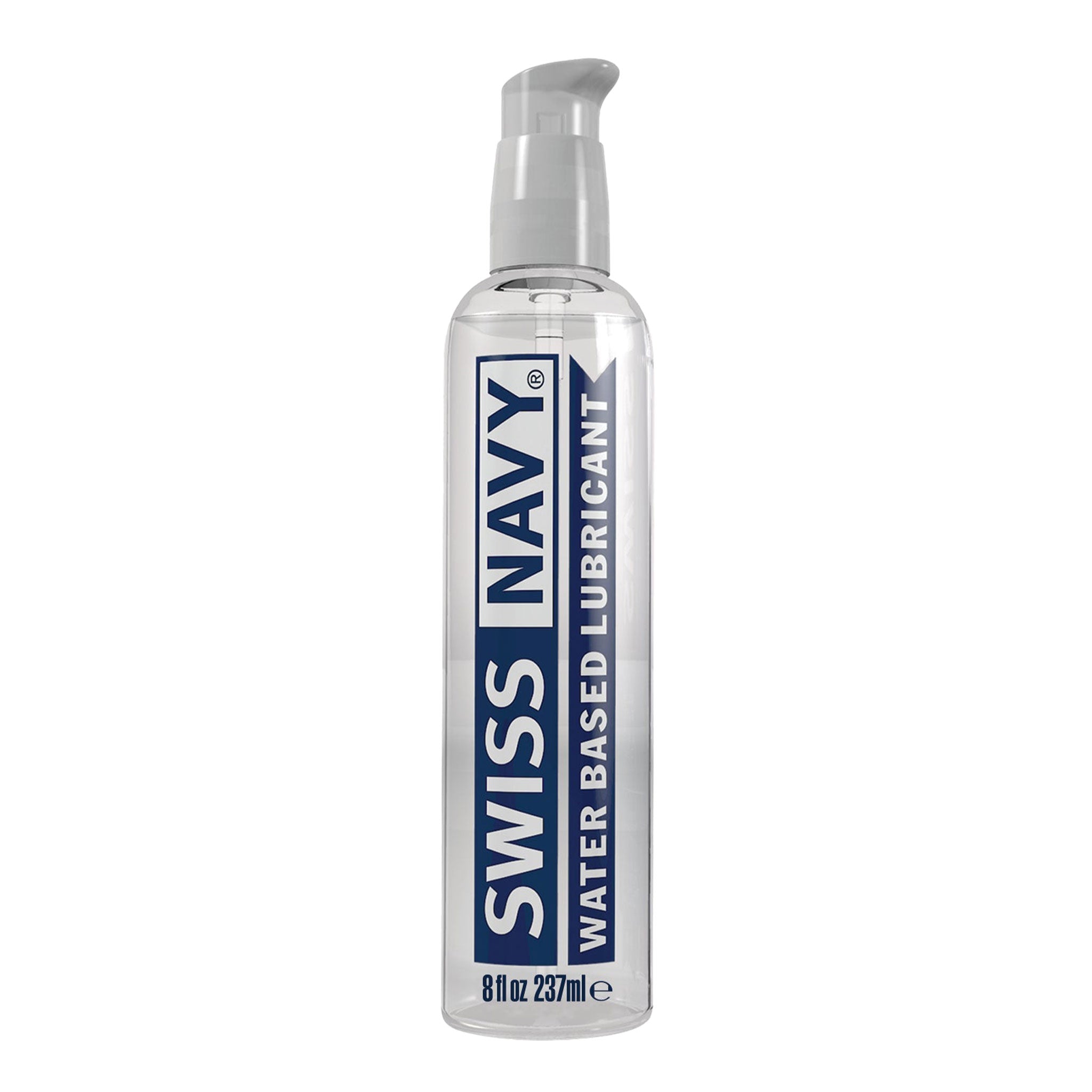 Swiss Navy Water-Based Lube bottle featuring a sleek pump design, providing smooth and long-lasting lubrication for intimate moments, compatible with all types of toys and safe for daily use.