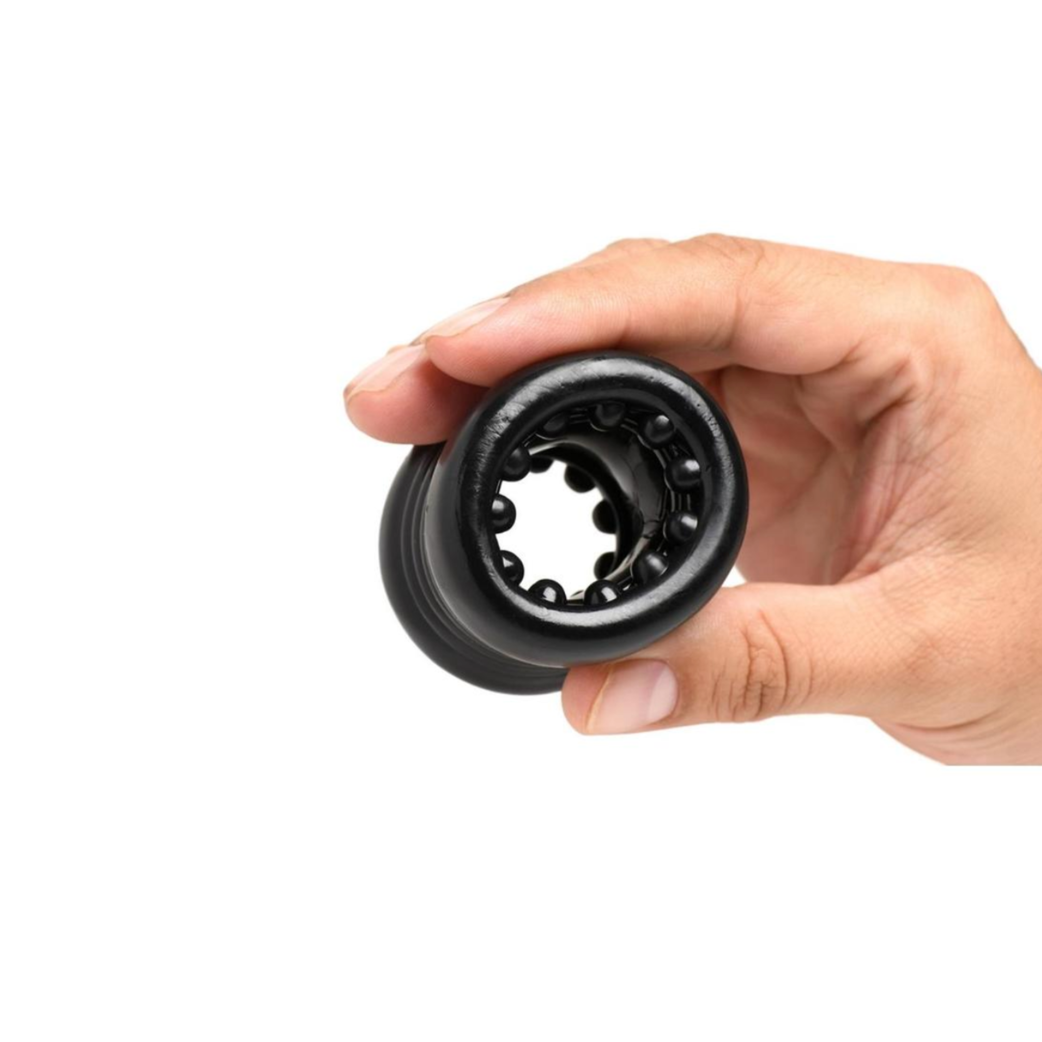 Master Series Ball Stack ball stretcher black, textured TPE cock ring tunnel, ball separator with stimulation nubs, stretchy ball stretcher sex toy, fetish cock and ball gear, male enhancement BDSM toy, Fetish Factory CBT toy