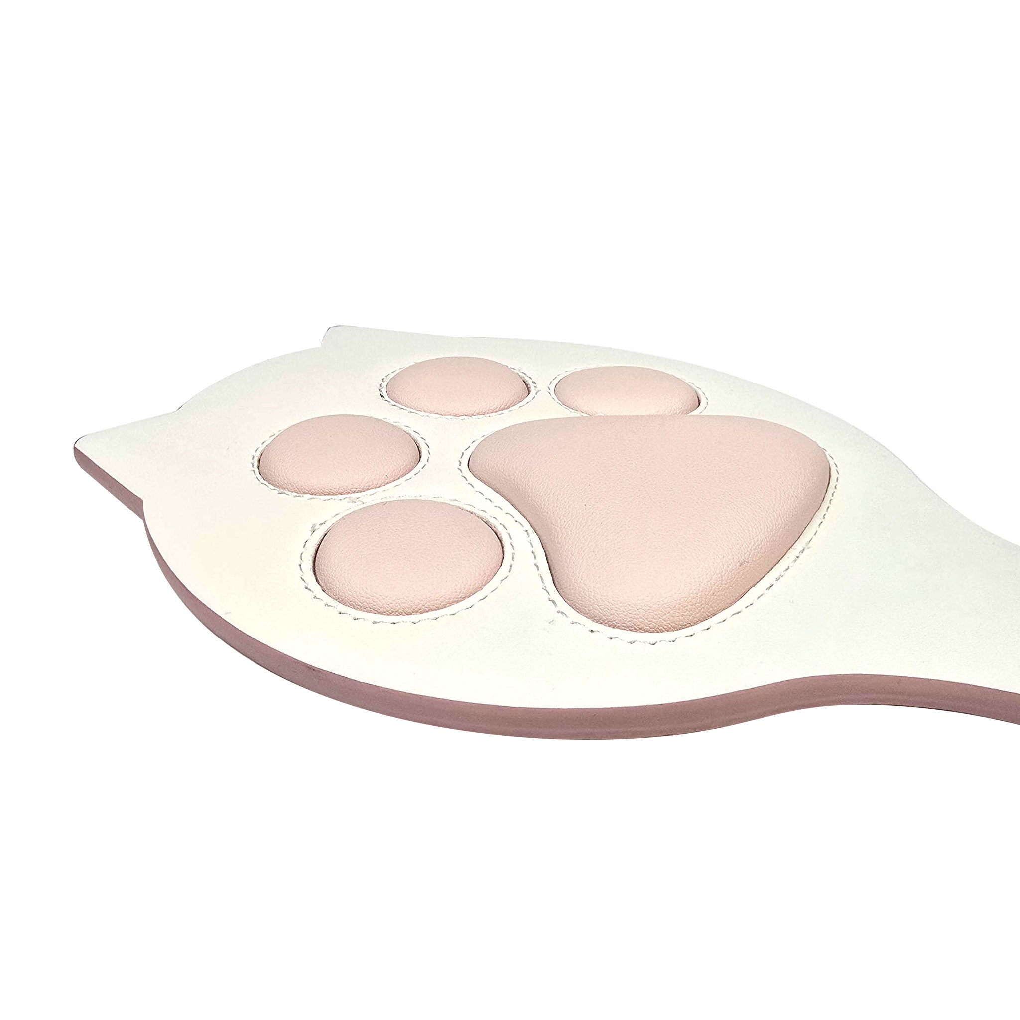 Leather vegan-leather paddle spanking-paddle paw-shaped cat-shaped cat-ears toebeans toe-beans padded fetish bdsm sadism masochism discipline impact impact-toys impact-play kink kinky kinky-play animal animal-play pet-play cat bad-kitty kitty kitten adult-toys white pink animal-print animal-stripes