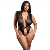 Plunge mesh teddy, lock & key detail, open bottom, sexy black lingerie.