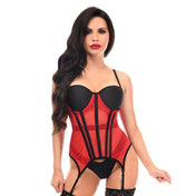 Mesh sheer transparent top corset cincher bustier underwire under-wire cups support fully-boned boning adjustable straps waist-tape hourglass contouring removable garter garter-straps intimates lingerie hook-and-eye swanhook swan-hook goth gothic seductive red black