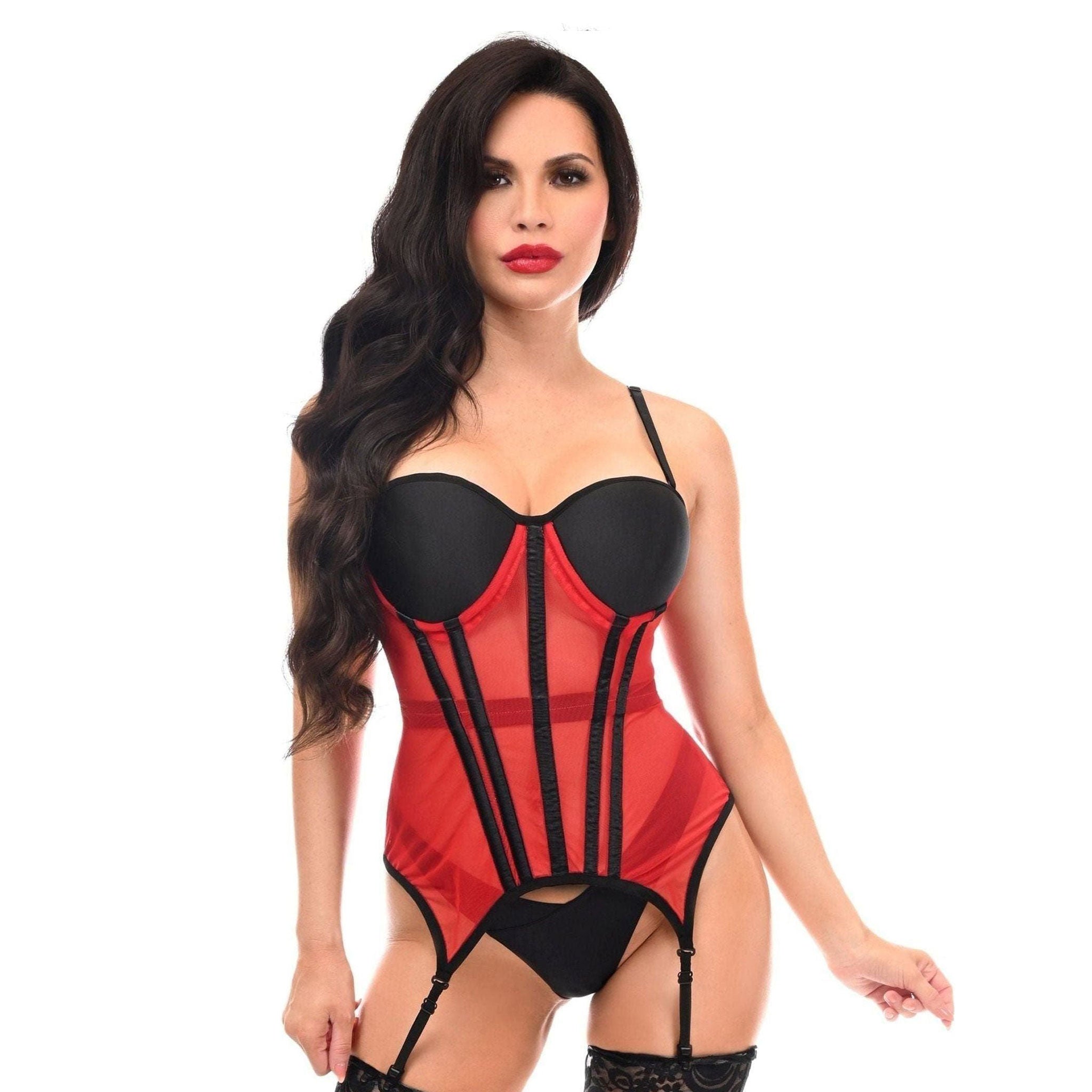 Mesh sheer transparent top corset cincher bustier underwire under-wire cups support fully-boned boning adjustable straps waist-tape hourglass contouring removable garter garter-straps intimates lingerie hook-and-eye swanhook swan-hook goth gothic seductive red black