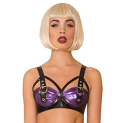 Latex rubber intimates lingerie bra underwire support half-cup demicup demi-cup buckle pyramid-frame adjustable shoulder-straps tantalizing press-stud snap-button back-closure fetish fashion alt-fashion bdsm bdsm-inspired kink kinky tantalizing female femme feminine women purple black
