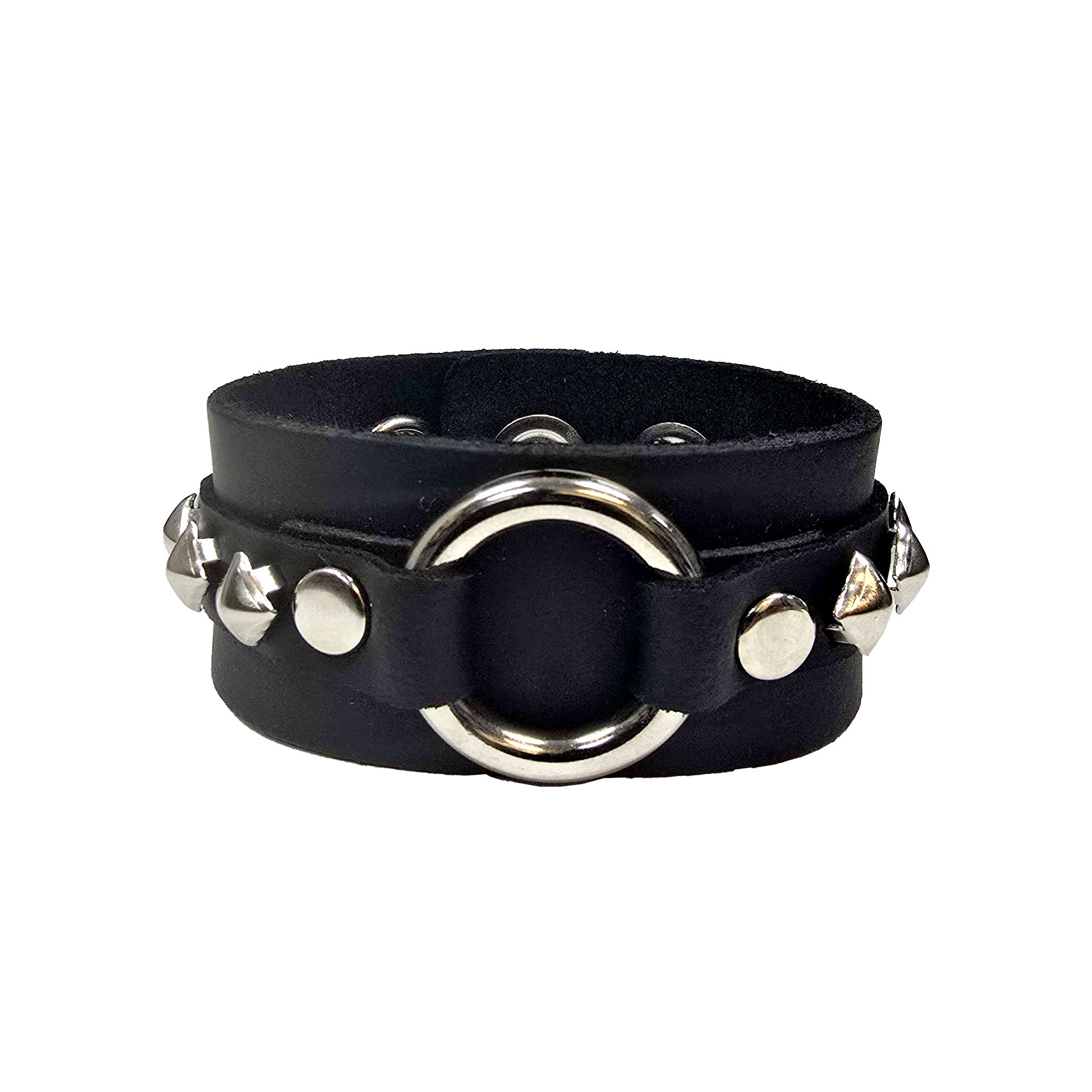 Leather vegan dual-layer double-layer wrist cuff wrist-cuff wristcuff bracelet middle centered central ring O-ring snap-button press-button studded geometric mini miniature alt-fashion fashion fetish punk goth gothic arm-gear accessories black diamond