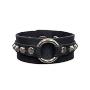 Leather vegan dual-layer double-layer wrist cuff wrist-cuff wristcuff bracelet middle centered central ring O-ring snap-button press-button studded geometric mini miniature alt-fashion fashion fetish punk goth gothic arm-gear accessories black pyramid