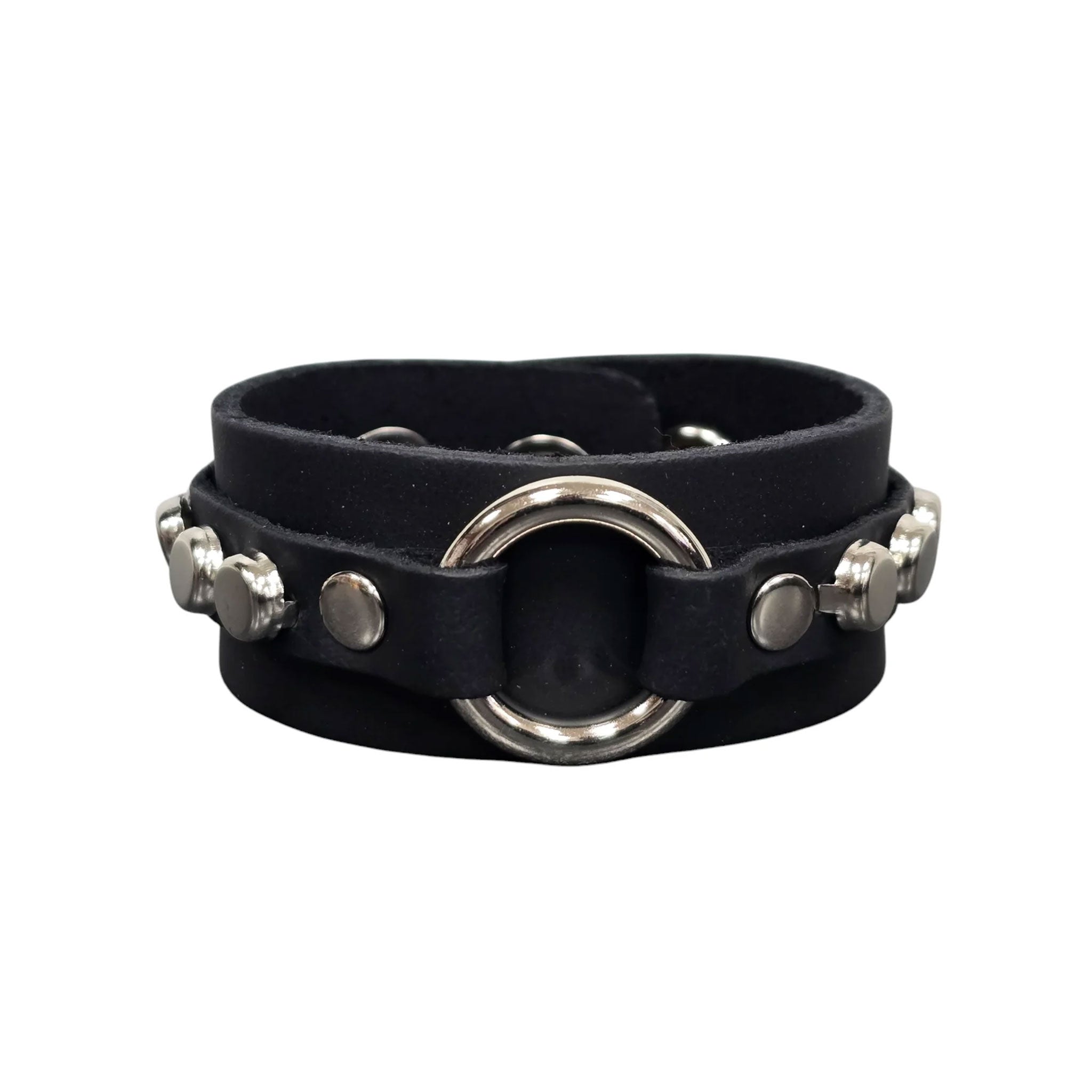 Leather vegan bracelet wristband wrist-band wrist band arm-gear studded nail-head flat-head O-ring dual-layer double-layer snap-button snap-bracelet fetish punk rocker goth fashion accessories black