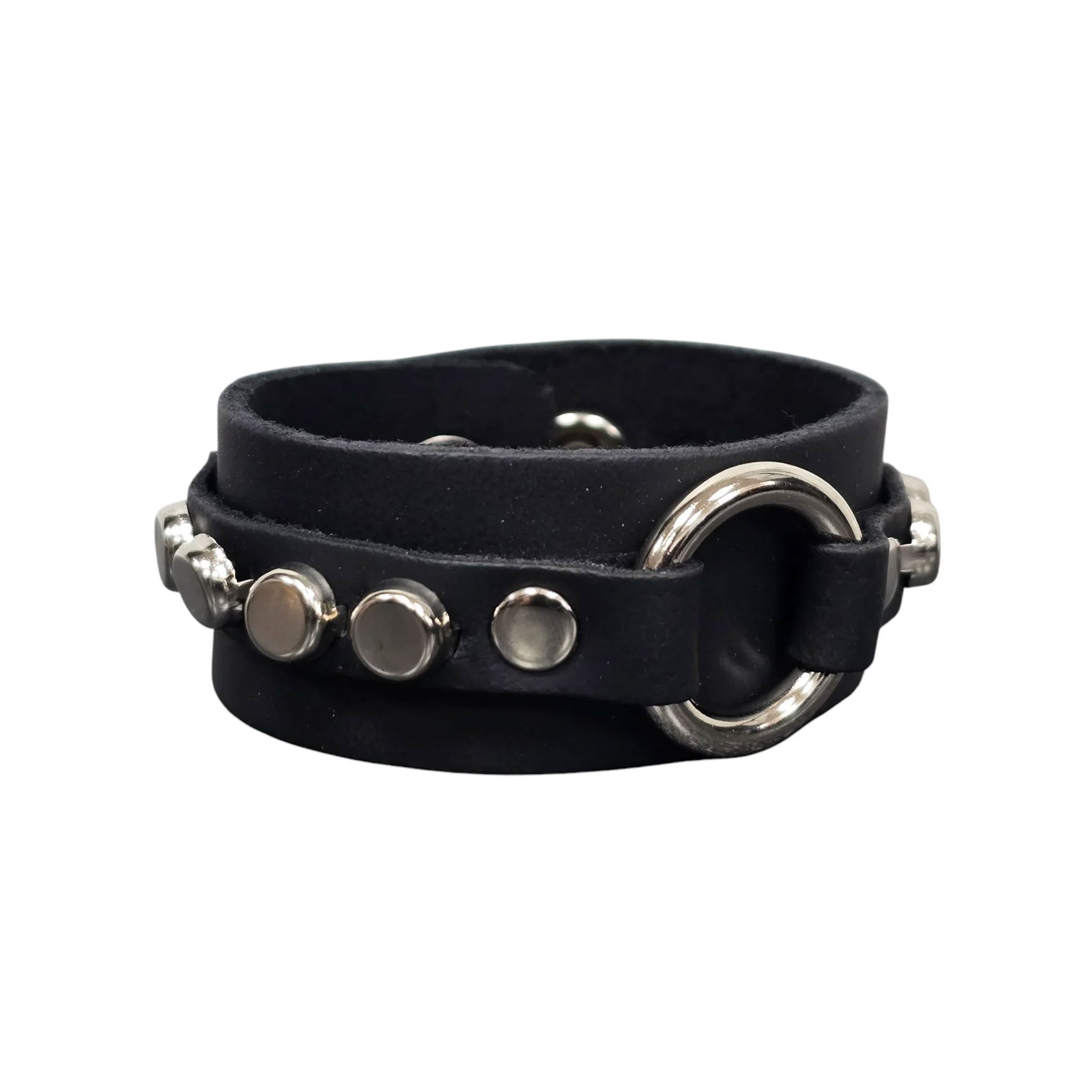 Leather vegan bracelet wristband wrist-band wrist band arm-gear studded nail-head flat-head O-ring dual-layer double-layer snap-button snap-bracelet fetish punk rocker goth fashion accessories black