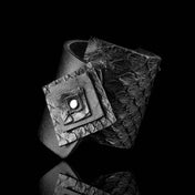 Premium leather polished embossed wrist cuff bracelet geometric square shapes asymmetrical edgy arm-gear fashion alt-fashion accessories black