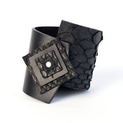Premium leather polished embossed wrist cuff bracelet geometric square shapes asymmetrical edgy arm-gear fashion alt-fashion accessories black
