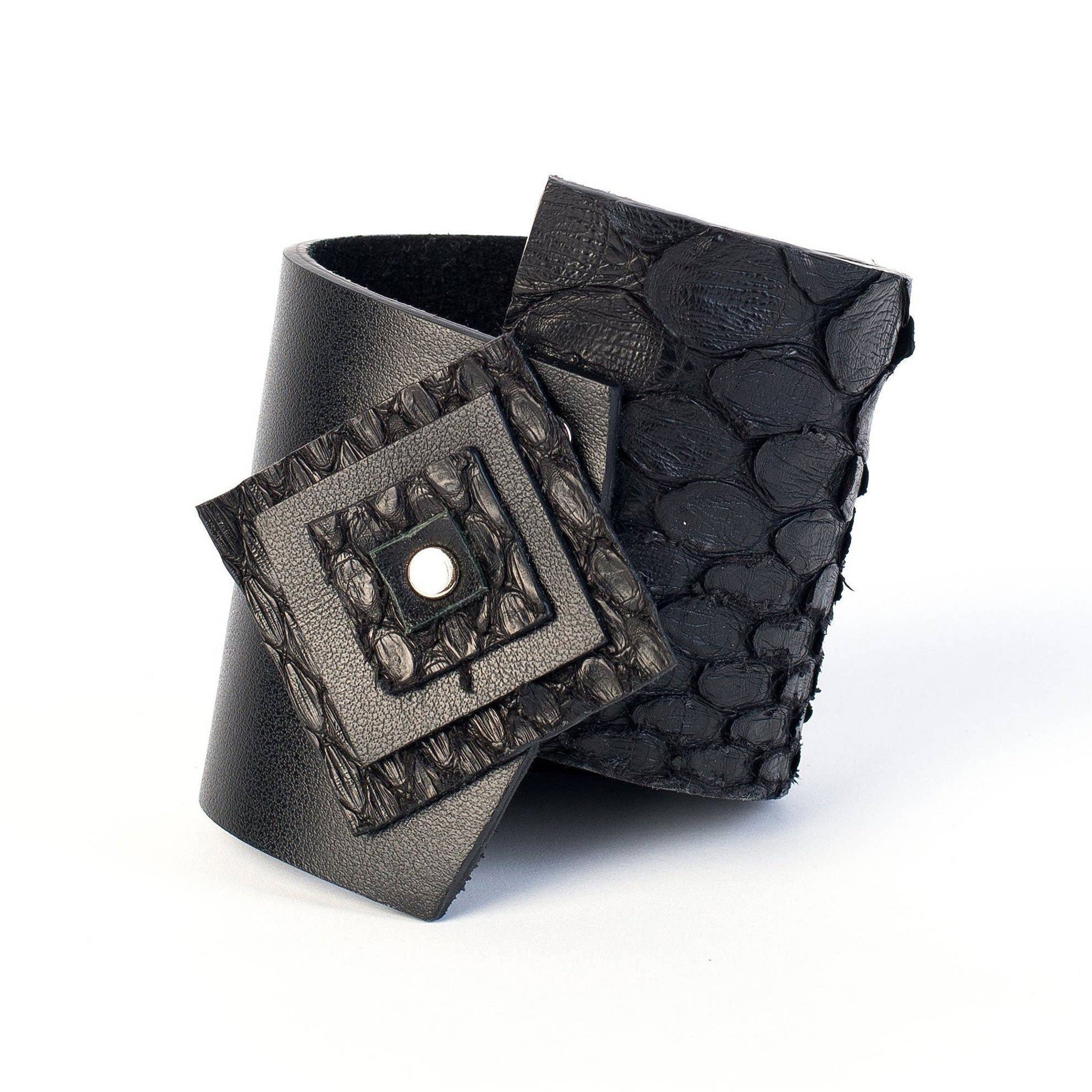 Premium leather polished embossed wrist cuff bracelet geometric square shapes asymmetrical edgy arm-gear fashion alt-fashion accessories black
