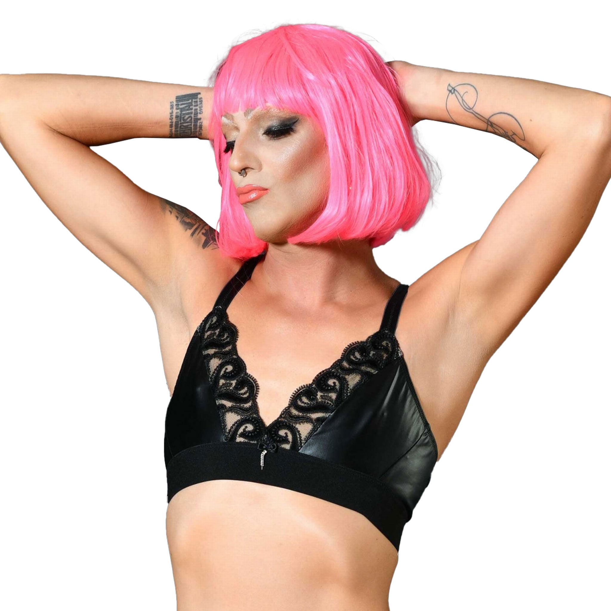 Polyester elastane wetlook intimates lingerie bra bralette adjustable velvet embroidered embroidery embellished delicate curvy shiny sexy unisex female femme feminine women trans transgender trans-gender black