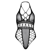 Nylon spandex lingerie intimates fishnet fish-net multi-net multinet teddy babydoll baby-doll onepiece one-piece bodysuit catsuit thong g-string backless criss-cross crisscross plunging-V neckline feminine female femme women valentines holiday-gifts gifts black