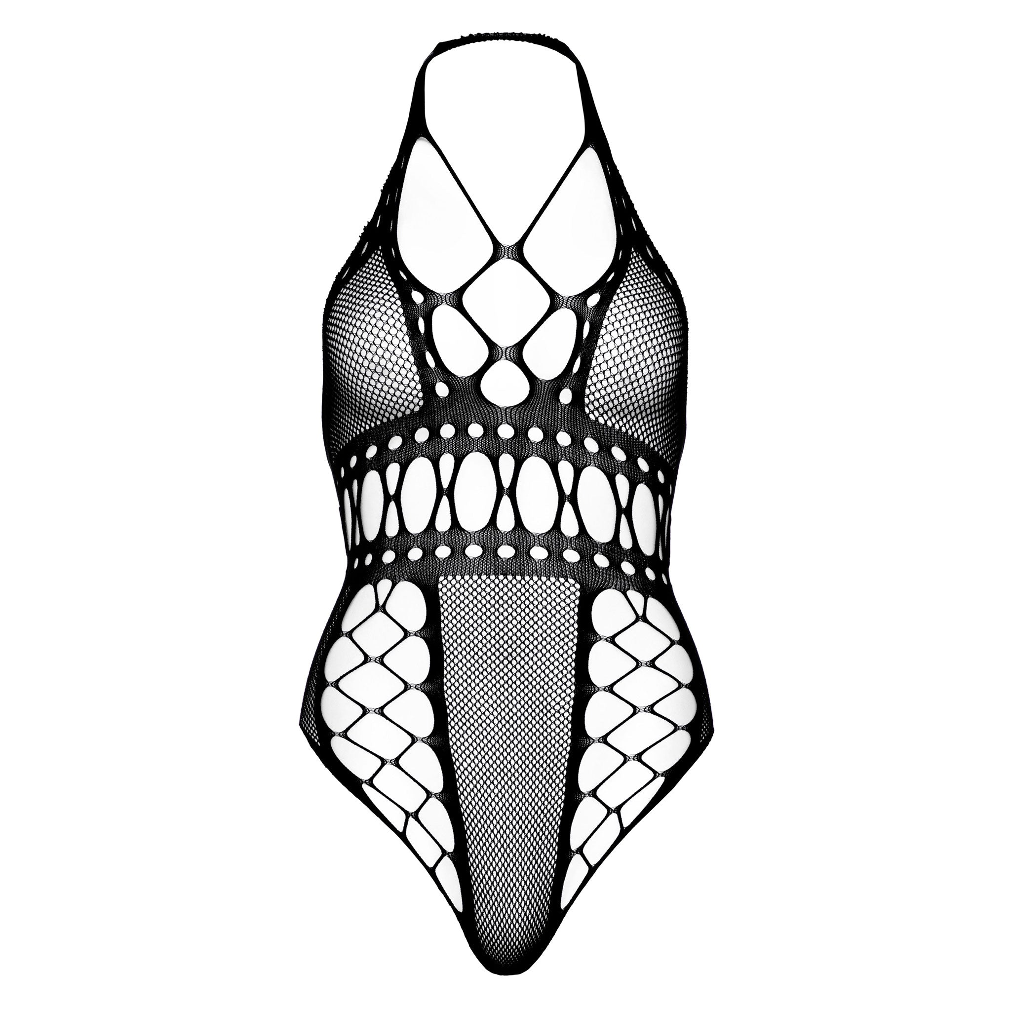 Nylon spandex lingerie intimates fishnet fish-net multi-net multinet teddy babydoll baby-doll onepiece one-piece bodysuit catsuit thong g-string backless criss-cross crisscross plunging-V neckline feminine female femme women valentines holiday-gifts gifts black