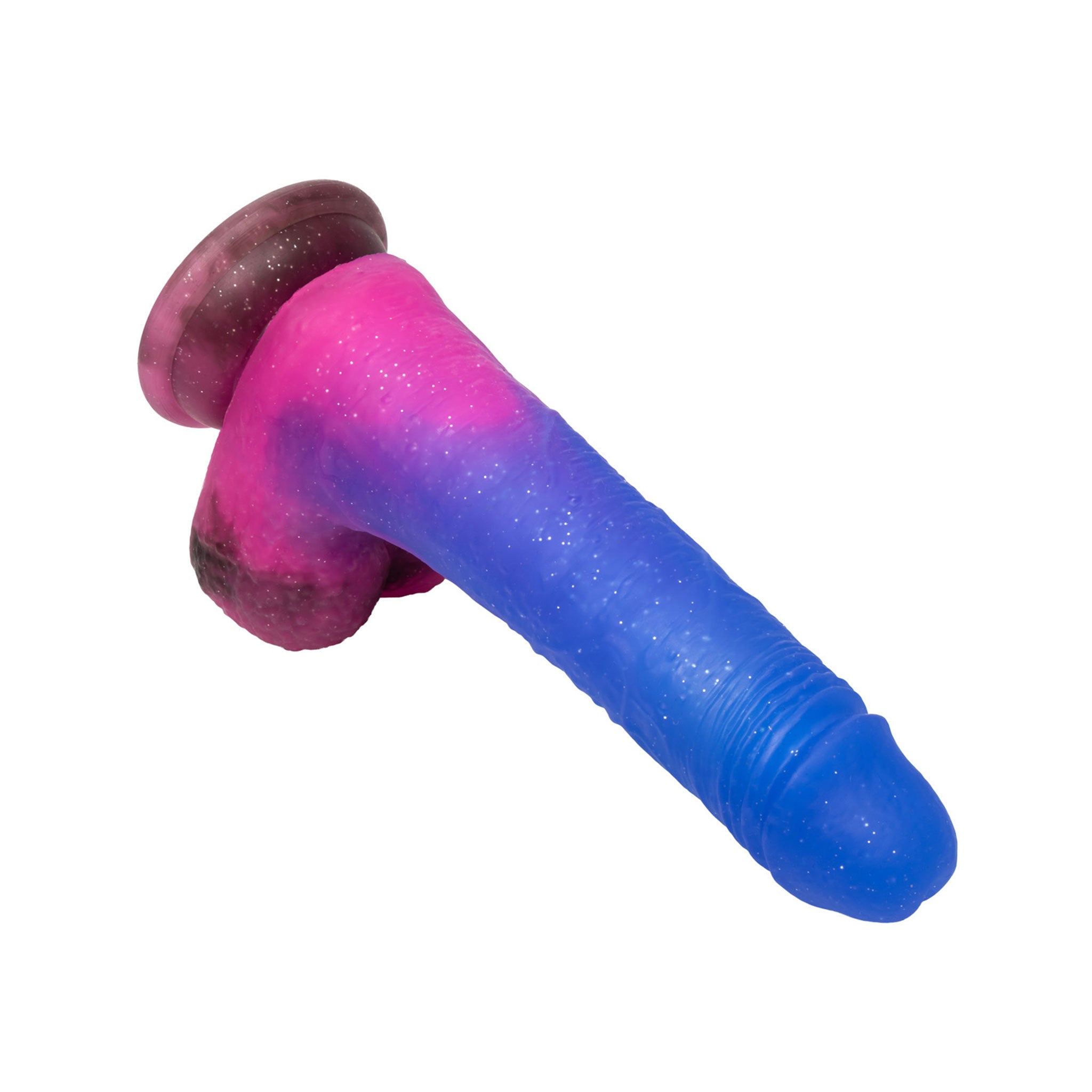 Silicone dong dildo vibrator vibrating vibration pulsing pulsation soft realistic lifelike life-like flexible suction cup suction-cup harness compatible adult-toys multicolor multi-color ombre blend gradient pink blue glitter sparkling