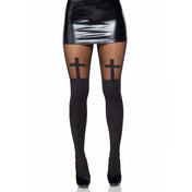 Polyester nylon Spandex sheer transparent opaque intimates hosiery pantyhose tights lingerie thigh-accent cross opaque-cross crucifix comfortable perfect-fit stretchy comfortable soft novelty sexy eye-catching striking fashion alt-fashion goth gothic punk edgy costume cosplay halloween priest nun saint sinner sacrilege sacrilegious uniform female femme feminine women black