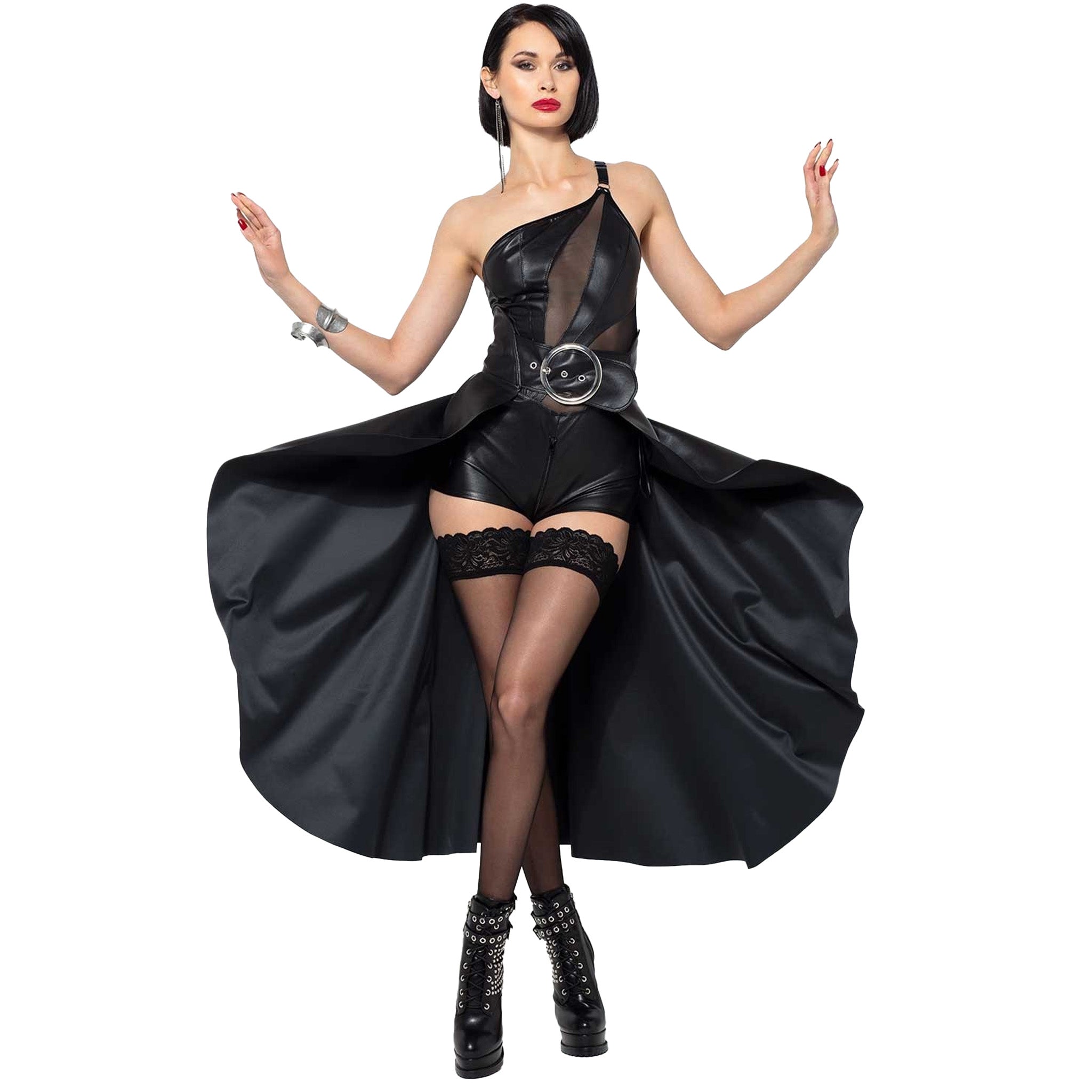 Wetlook Asymmetrical Maxi Bustle Skirt With Oversized Belt