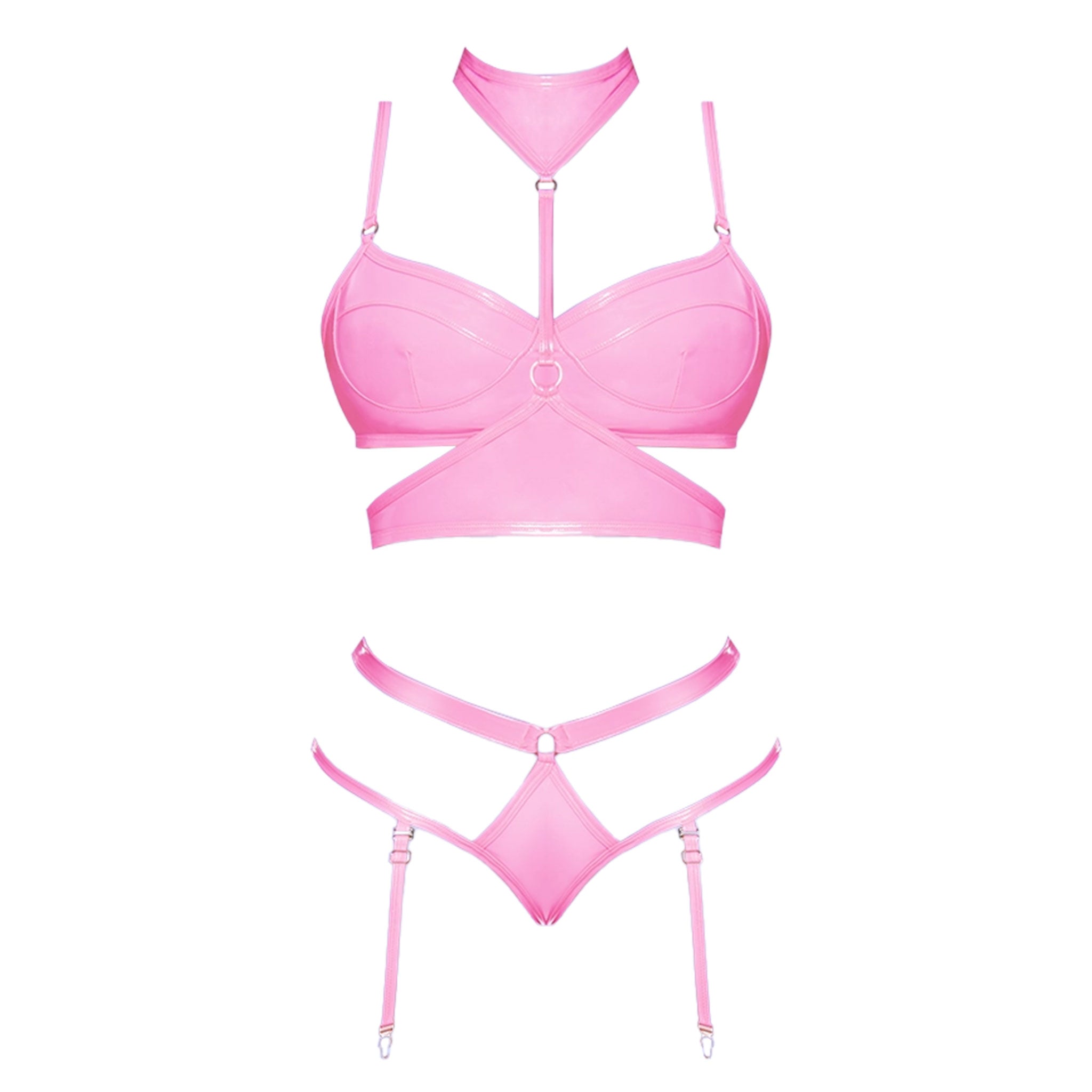 PVC vinyl polyurethane polyester Spandex wetlook wet-look intimates lingerie lingerie-set bra bralette demi-bra choker collar choker-harness panty panties garter garter-panty garter-straps detachable O-ring swanhook swan-hook hook-and-eye adjustable shoulder-straps shiny glossy candy sugar-sweet club-candy halloween provocative tempting undeniable appealing female femme feminine women pink