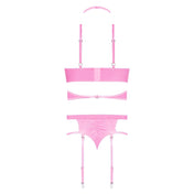 PVC vinyl polyurethane polyester Spandex wetlook wet-look intimates lingerie lingerie-set bra bralette demi-bra choker collar choker-harness panty panties garter garter-panty garter-straps detachable O-ring swanhook swan-hook hook-and-eye adjustable shoulder-straps shiny glossy candy sugar-sweet club-candy halloween provocative tempting undeniable appealing female femme feminine women pink