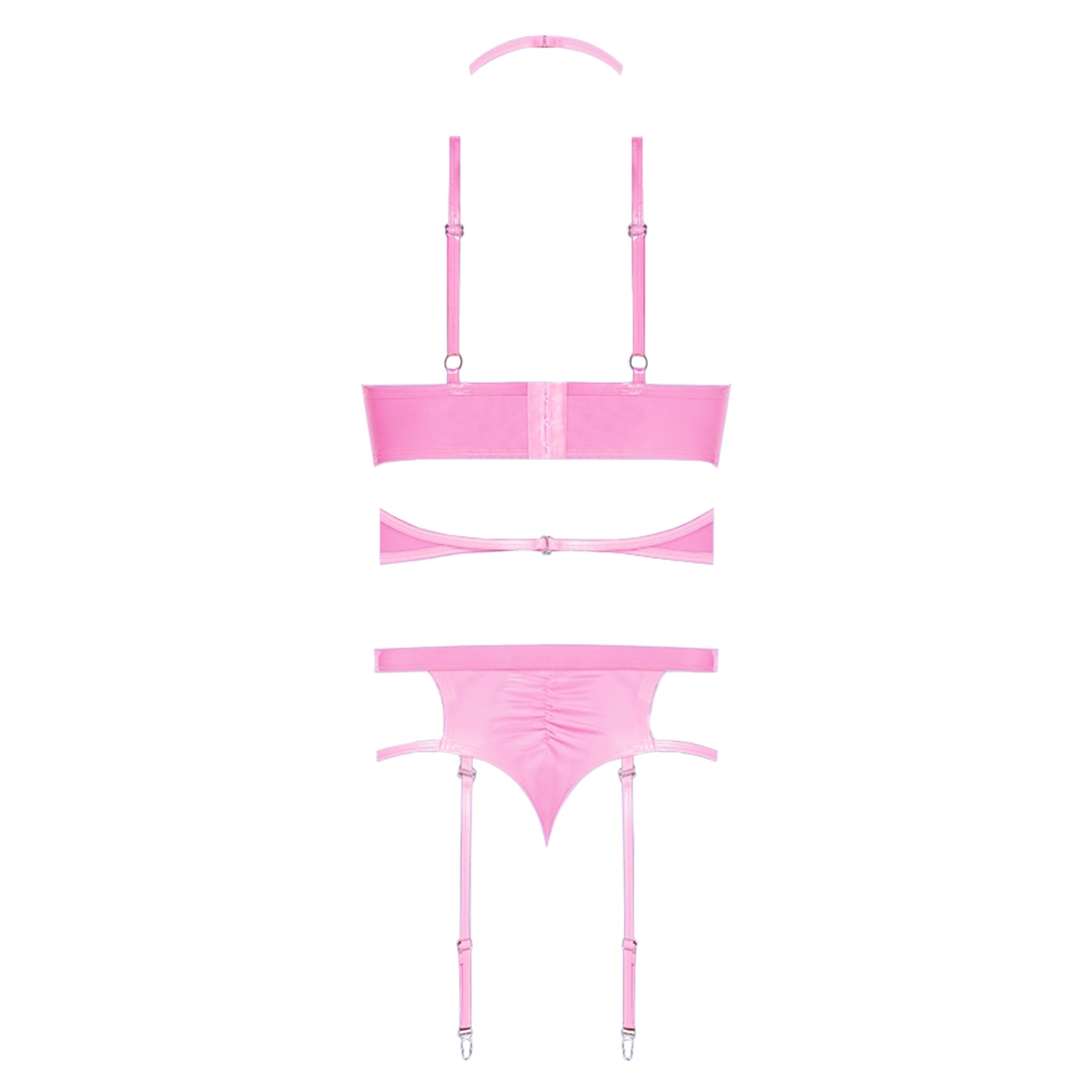 PVC vinyl polyurethane polyester Spandex wetlook wet-look intimates lingerie lingerie-set bra bralette demi-bra choker collar choker-harness panty panties garter garter-panty garter-straps detachable O-ring swanhook swan-hook hook-and-eye adjustable shoulder-straps shiny glossy candy sugar-sweet club-candy halloween provocative tempting undeniable appealing female femme feminine women pink