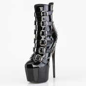 PVC vinyl footwear boot ankle buckle straps ornamental side-zip side zipper inner high-heel stiletto heel 7-inch platform concealed 3-inch womens women's fetish fashion punk rock goth alt black