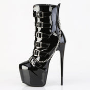 PVC vinyl footwear boot ankle buckle straps ornamental side-zip side zipper inner high-heel stiletto heel 7-inch platform concealed 3-inch womens women's fetish fashion punk rock goth alt black