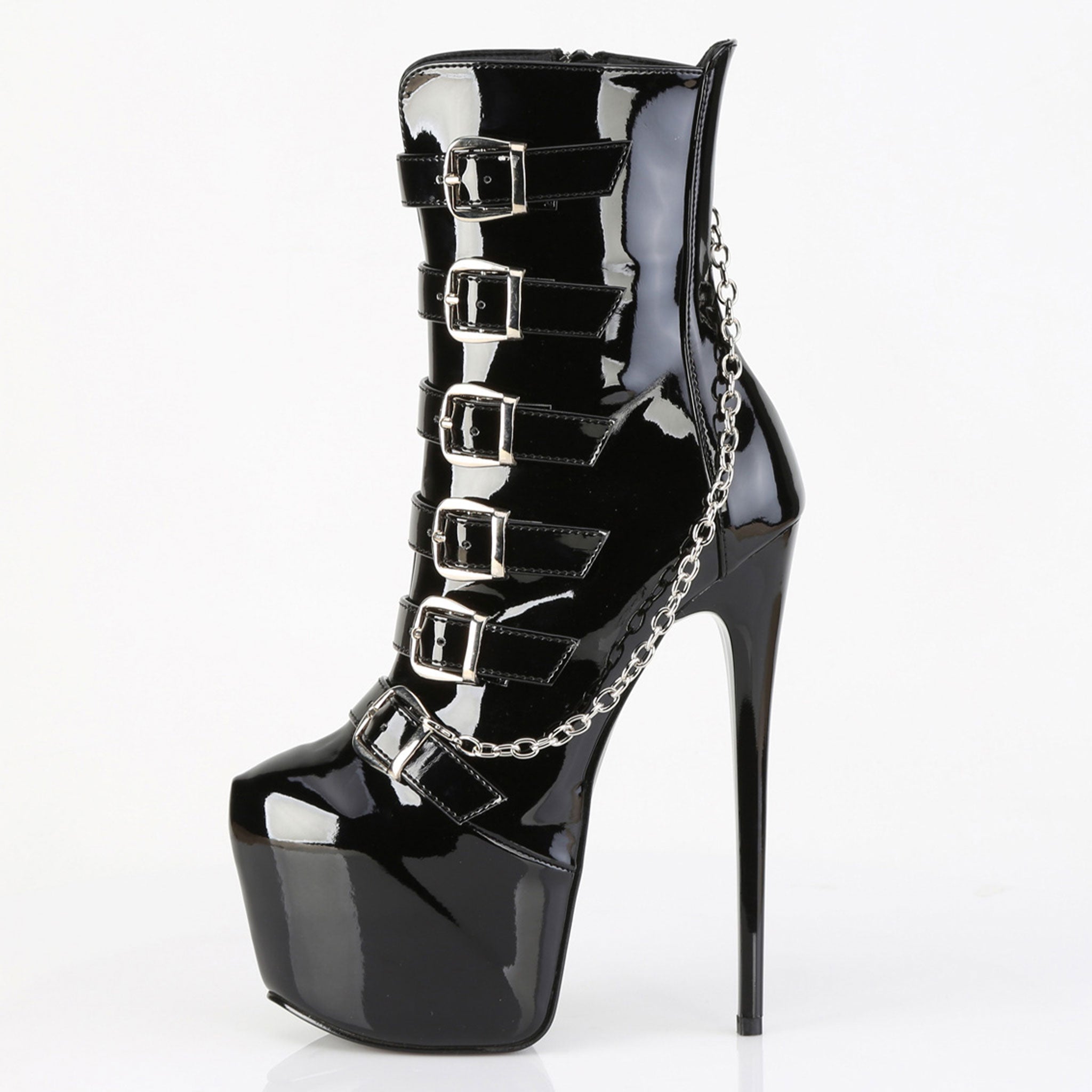 PVC vinyl footwear boot ankle buckle straps ornamental side-zip side zipper inner high-heel stiletto heel 7-inch platform concealed 3-inch womens women's fetish fashion punk rock goth alt black