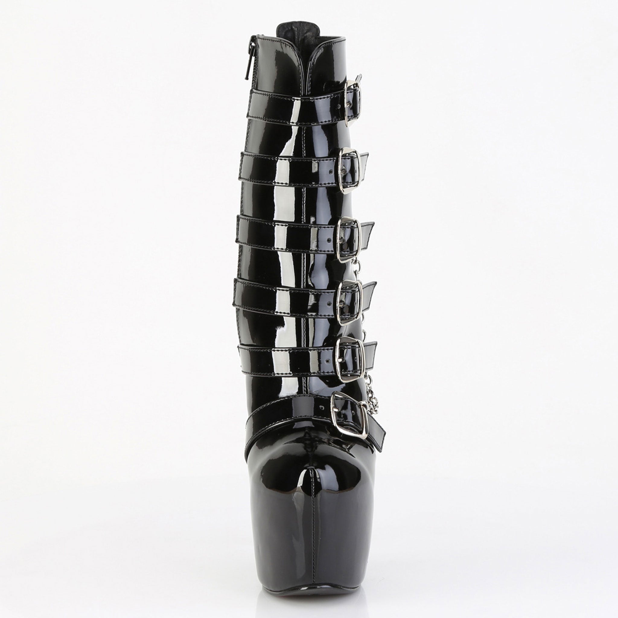 PVC vinyl footwear boot ankle buckle straps ornamental side-zip side zipper inner high-heel stiletto heel 7-inch platform concealed 3-inch womens women's fetish fashion punk rock goth alt black