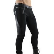 PVC vinyl polyamide polyurethane polyester matte softshell soft-shell pants double front ankle zip zipper textured ribbed side panels glossy thigh wind-repellant water-repellant snap-button snap button press press-button