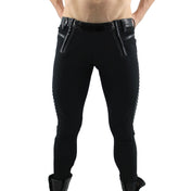 PVC vinyl polyamide polyurethane polyester matte softshell soft-shell pants double front ankle zip zipper textured ribbed side panels glossy thigh wind-repellant water-repellant snap-button snap button press press-button