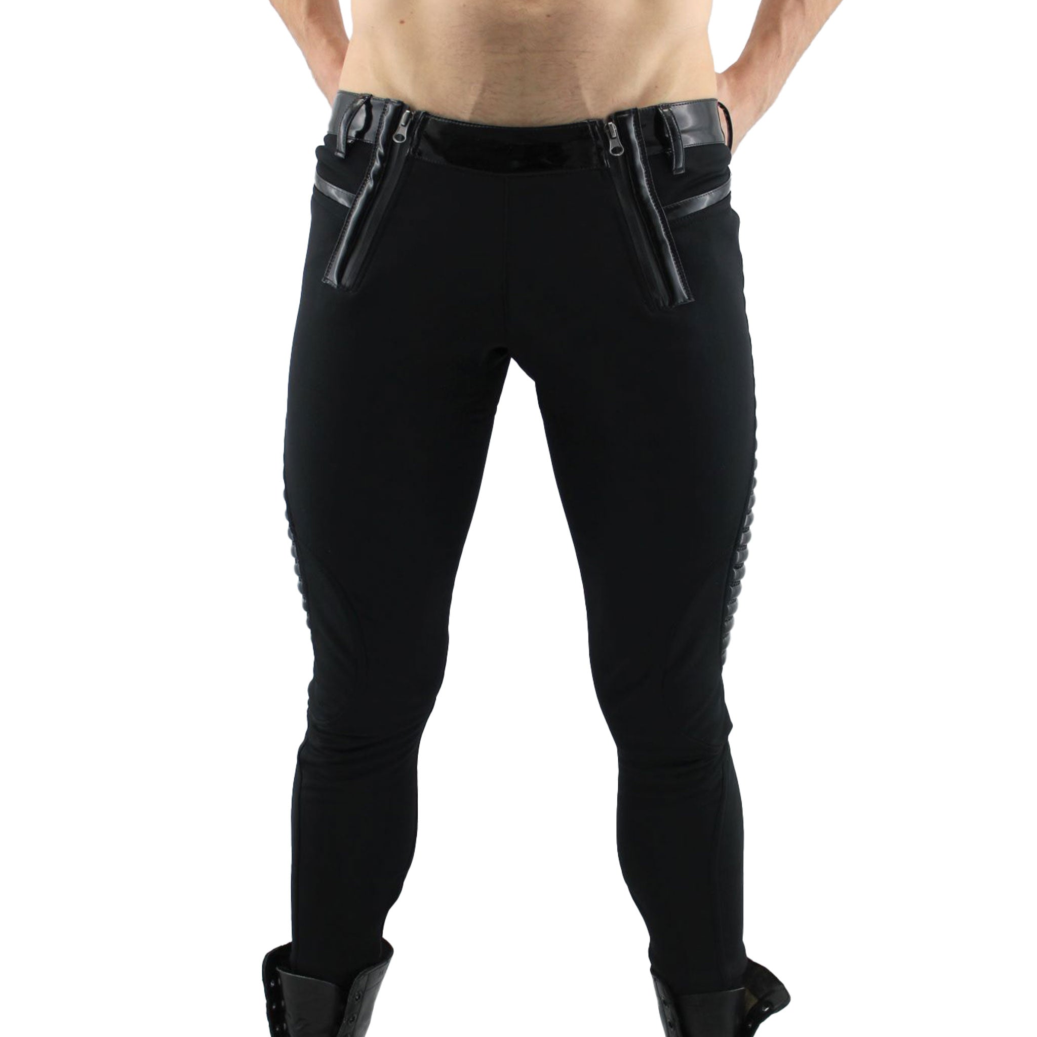 PVC vinyl polyamide polyurethane polyester matte softshell soft-shell pants double front ankle zip zipper textured ribbed side panels glossy thigh wind-repellant water-repellant snap-button snap button press press-button