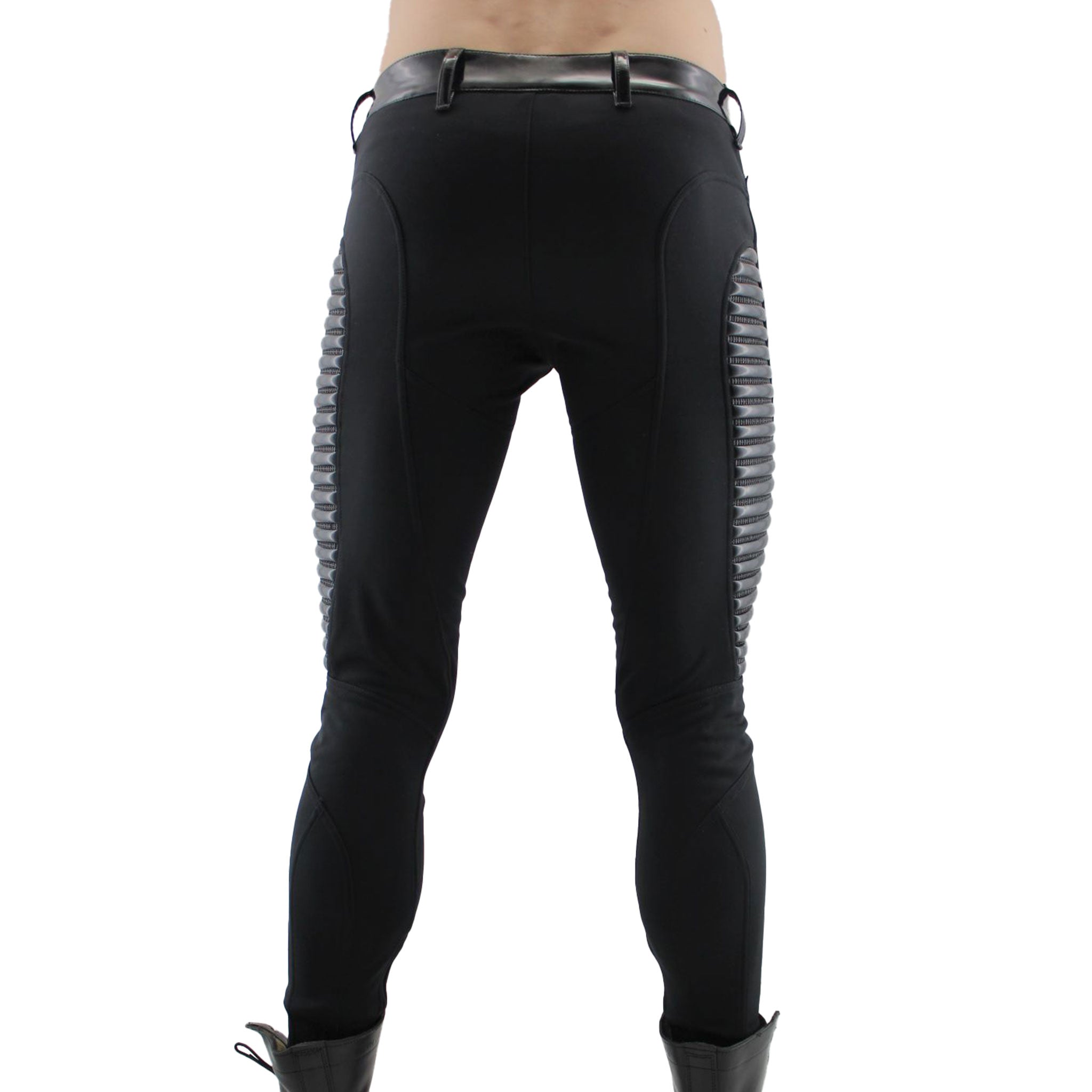 PVC vinyl polyamide polyurethane polyester matte softshell soft-shell pants double front ankle zip zipper textured ribbed side panels glossy thigh wind-repellant water-repellant snap-button snap button press press-button