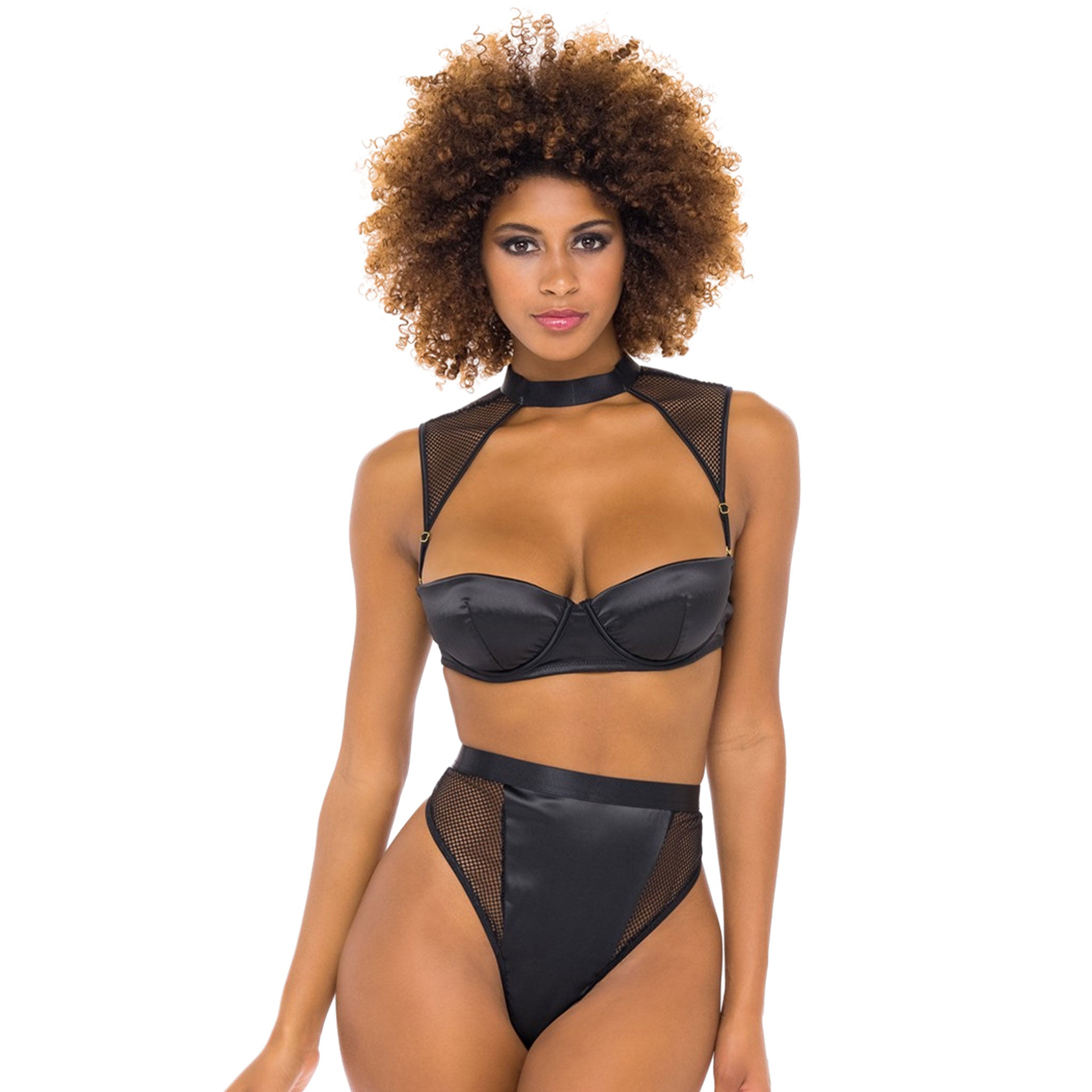 Polyester elastane Spandex fishnet elastic satin intimates lingerie lingerie-set bra bralette strapless padded underwire support collared harness removable panty panties high-waist hi-waist hi-waisted high-waisted g-string gstring swanhook swan-hook female femme feminine women alluring fantastic black