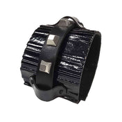 Leather patent glossy high-quality textured wrist cuff bracelet wraparound ingot studs punch-through clasp luxurious elegance rebellious edgy modern luxurious arm gear accessories black