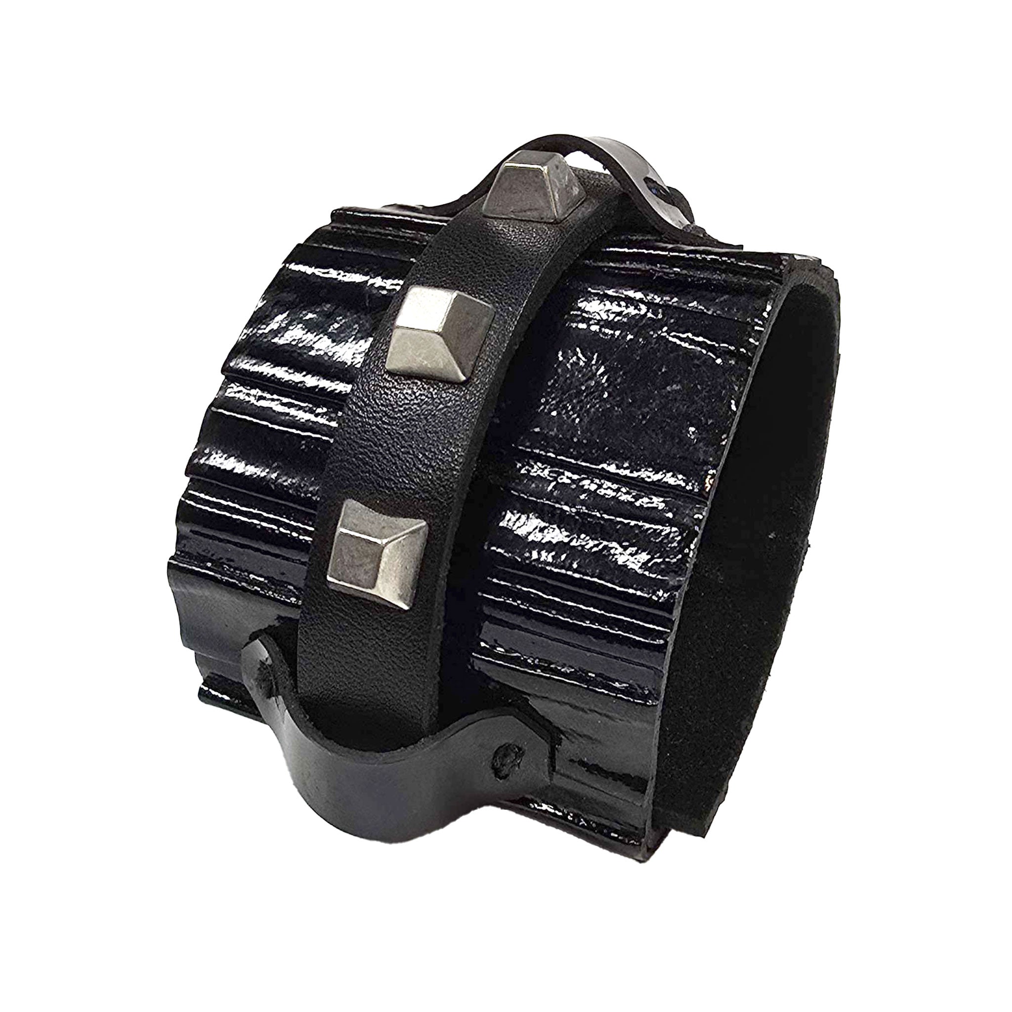 Leather patent glossy high-quality textured wrist cuff bracelet wraparound ingot studs punch-through clasp luxurious elegance rebellious edgy modern luxurious arm gear accessories black