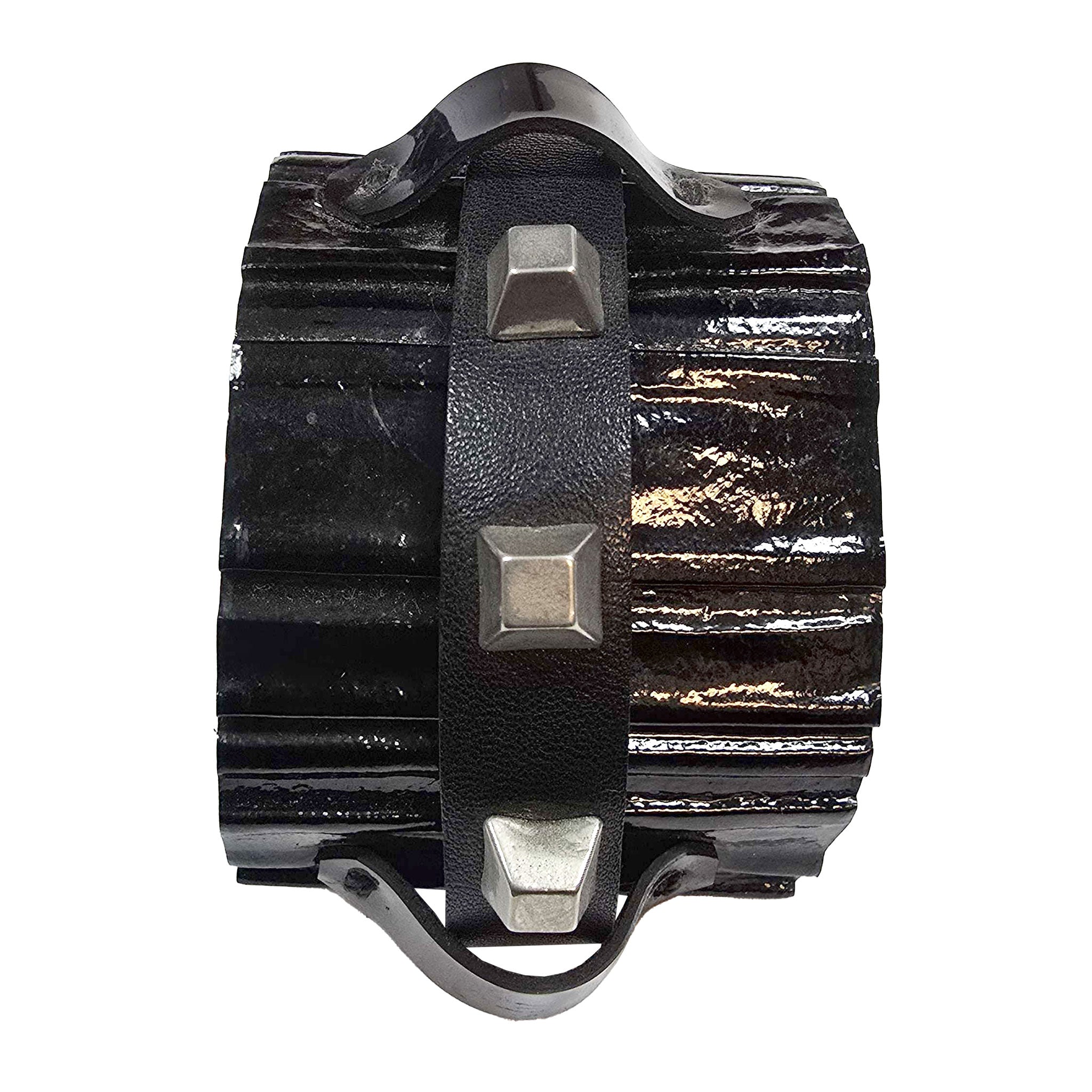 Leather patent glossy high-quality textured wrist cuff bracelet wraparound ingot studs punch-through clasp luxurious elegance rebellious edgy modern luxurious arm gear accessories black