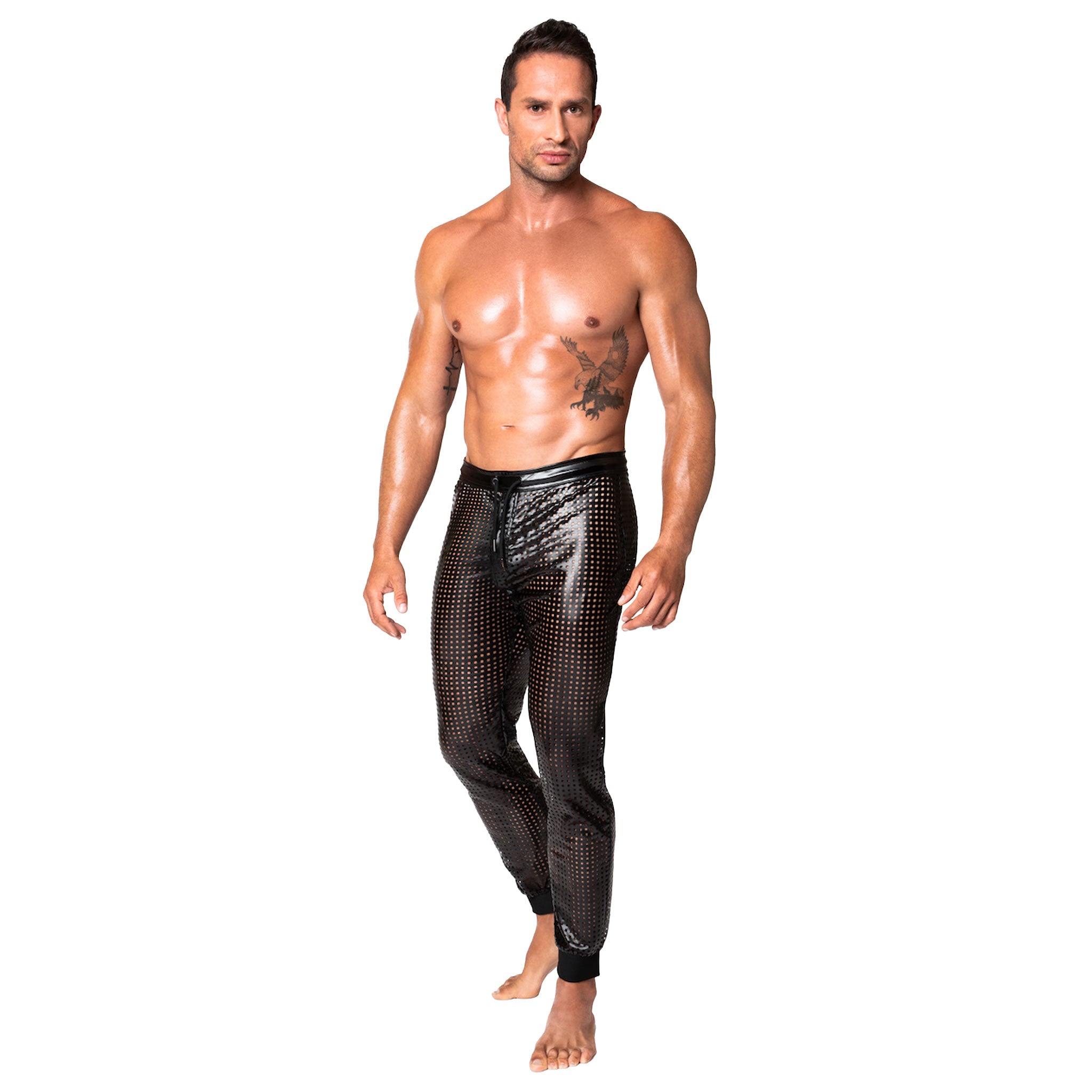 Wetlook power powerwetlook glossy long bottoms pants trousers sweatpants jogging tracksuit sweats drawstring waist zipper crotch elastic ankle cuff ribbed perforated laser-cut lazer-cut laser lazer cut activewear athleisure loose relaxed noir black