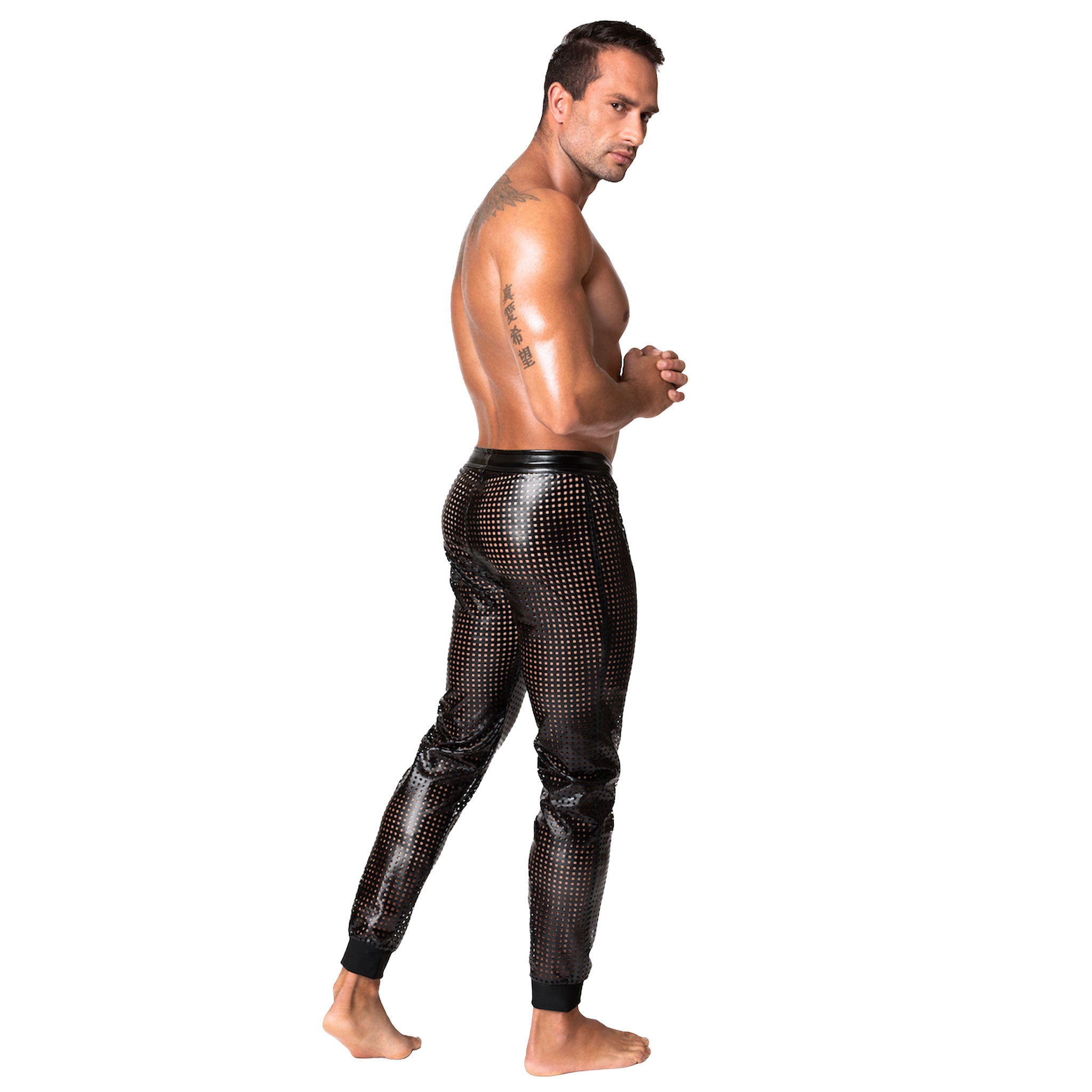 Wetlook power powerwetlook glossy long bottoms pants trousers sweatpants jogging tracksuit sweats drawstring waist zipper crotch elastic ankle cuff ribbed perforated laser-cut lazer-cut laser lazer cut activewear athleisure loose relaxed noir black