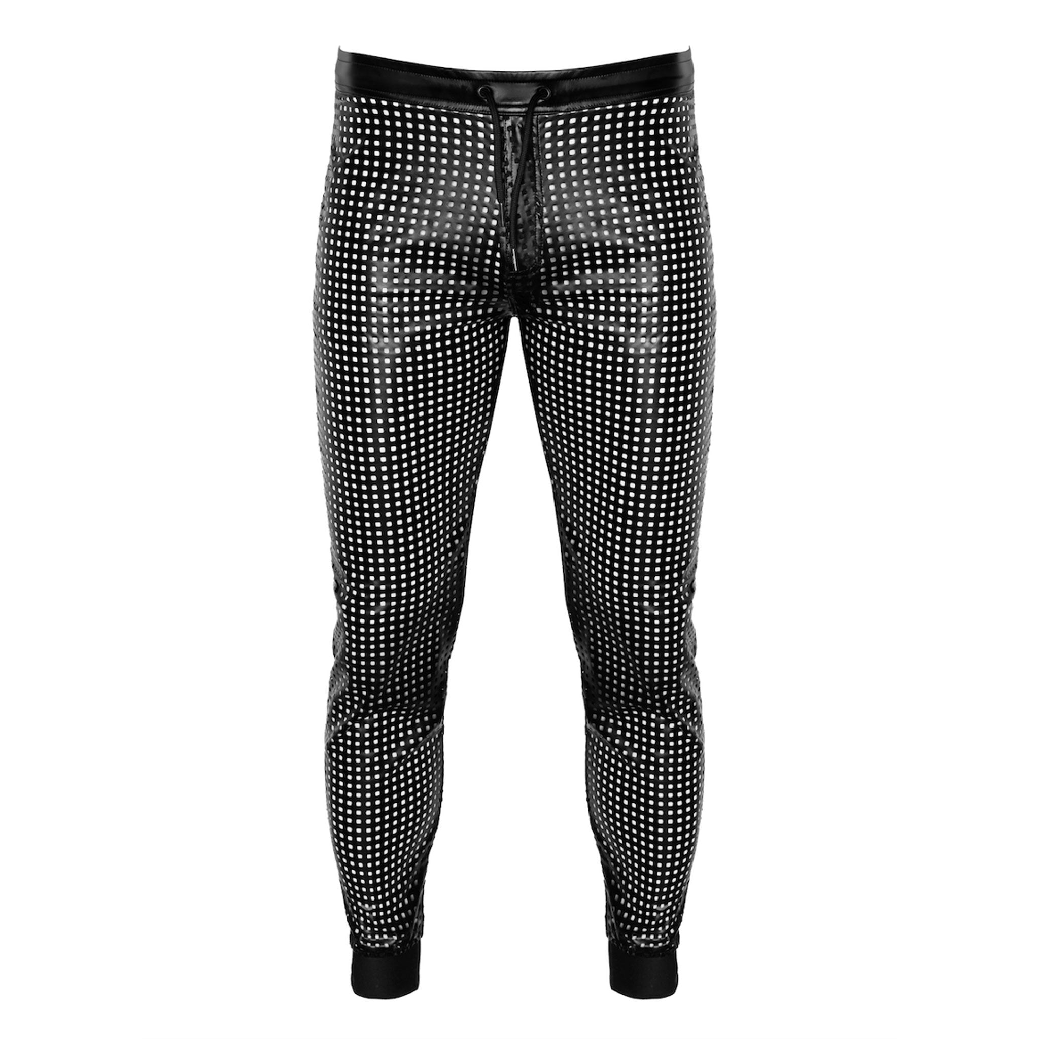 Wetlook power powerwetlook glossy long bottoms pants trousers sweatpants jogging tracksuit sweats drawstring waist zipper crotch elastic ankle cuff ribbed perforated laser-cut lazer-cut laser lazer cut activewear athleisure loose relaxed noir black