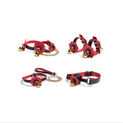 Pet play bondage kit, floral BDSM restraint set, black and red gag ball collar, bell cuffs, pet play accessories.