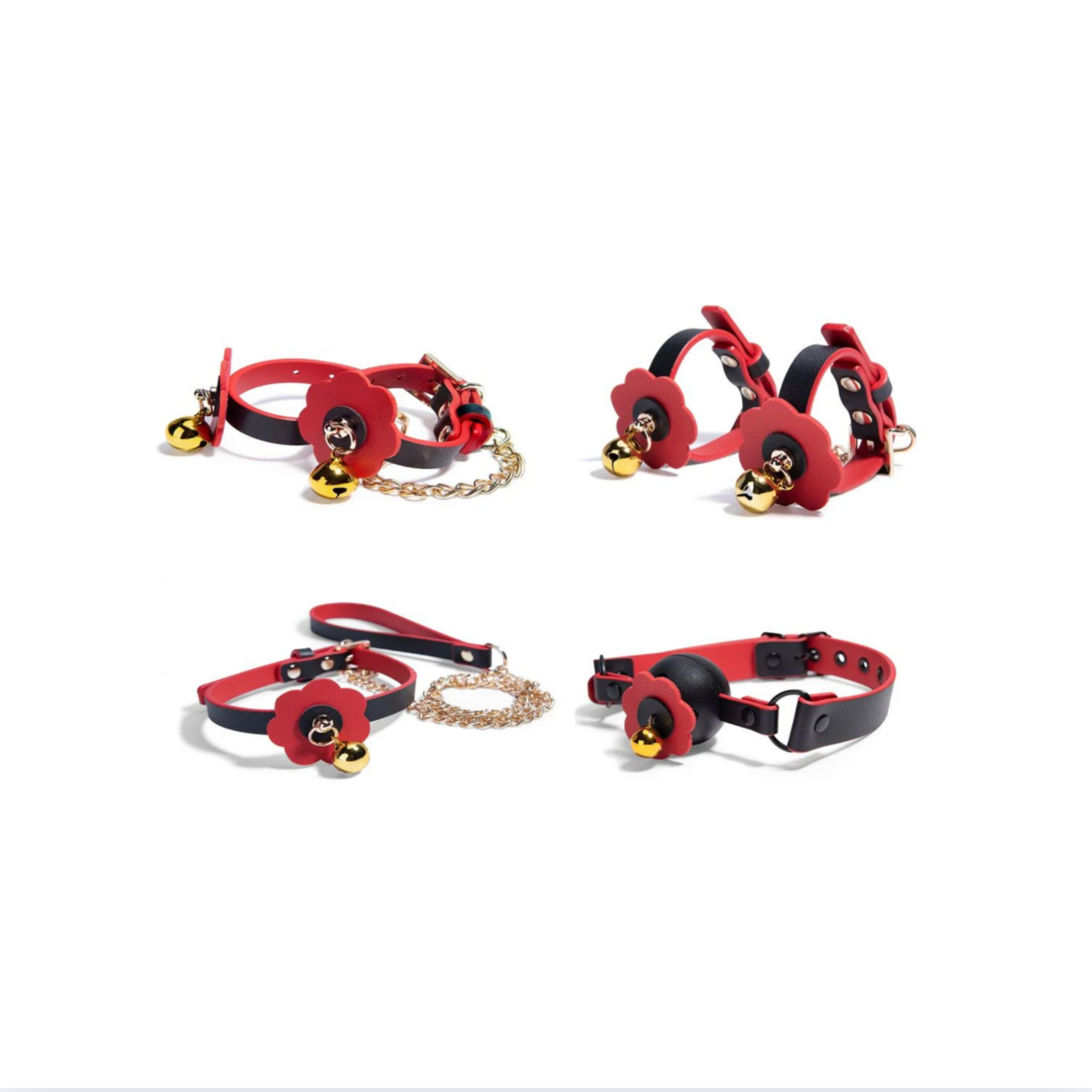 Pet play bondage kit, floral BDSM restraint set, black and red gag ball collar, bell cuffs, pet play accessories.