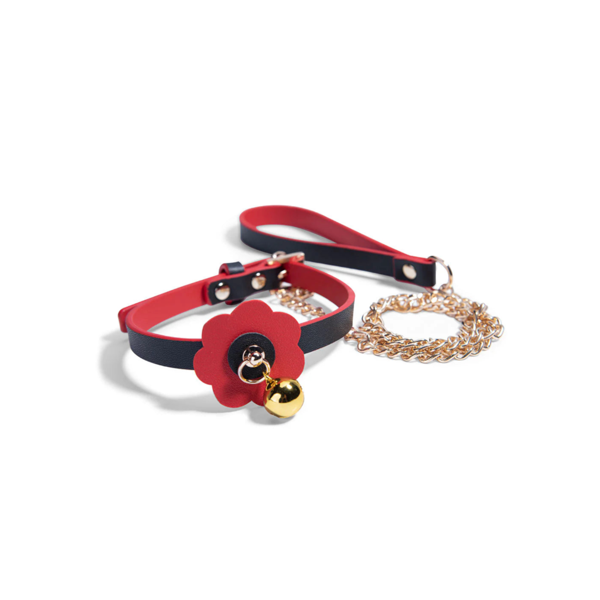 Pet play bondage kit, floral BDSM restraint set, black and red gag ball collar, bell cuffs, pet play accessories.