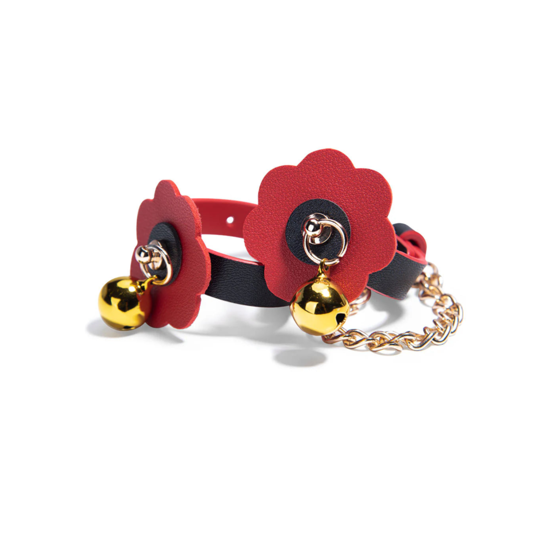 Pet play bondage kit, floral BDSM restraint set, black and red gag ball collar, bell cuffs, pet play accessories.