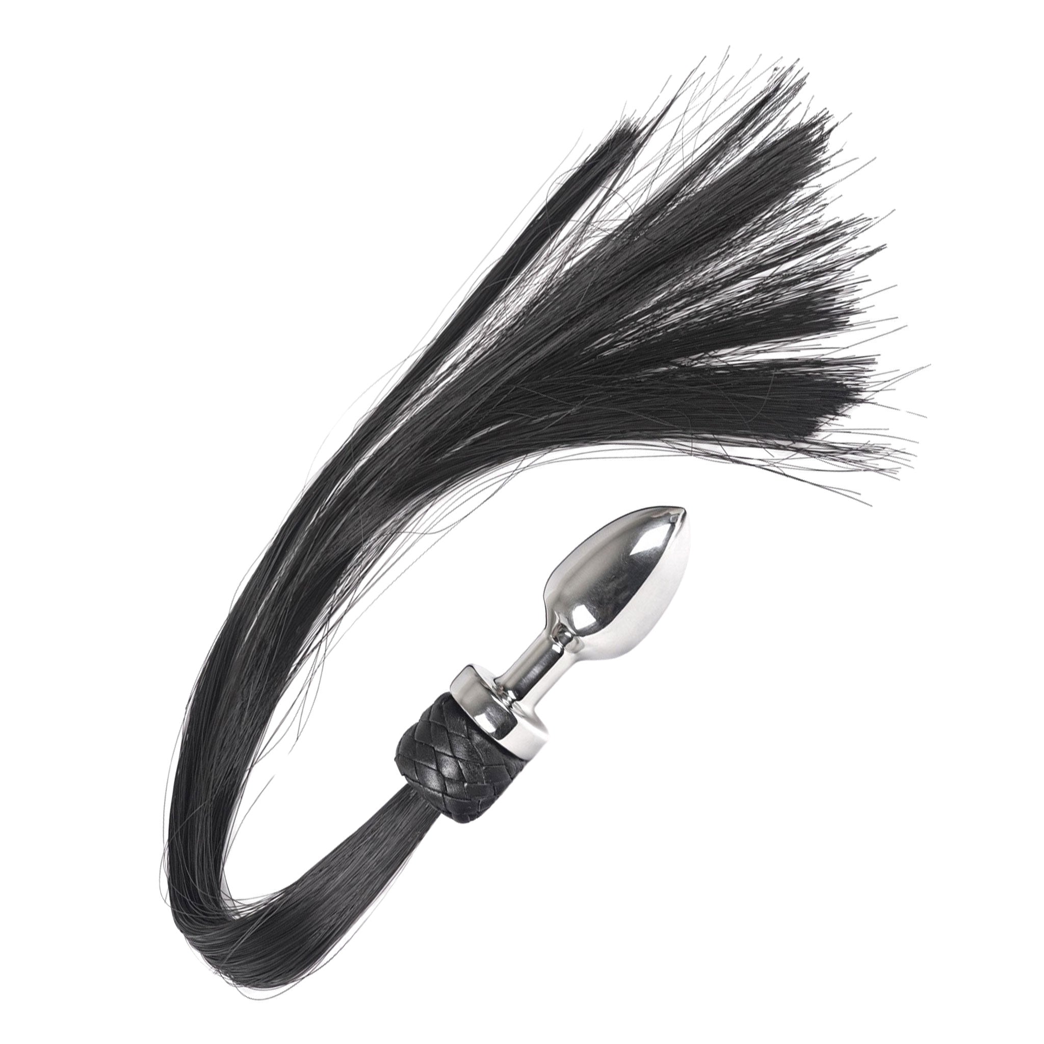 Stainless-steel synthetic-hair horse-hair long leather genuine pony anal plug anal-play anal-toys butt butt-plug buttplug tapered flogger bdsm sadism masochism sadomasochism bdsm-gear bdsm-toys kinky kink kinky-play pet-play non-vibe nonvibe non-vibrating nonvibrating adult-toys black silver